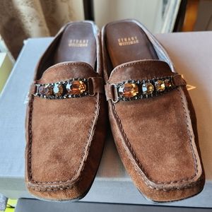 Stuart Weitzman Women's brown suede mules with gemstones. Size 7